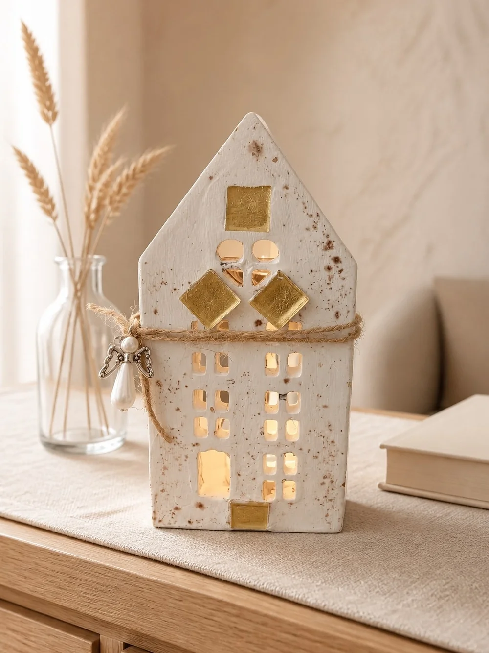 White and Gold Barn Tealight House Candle Holder